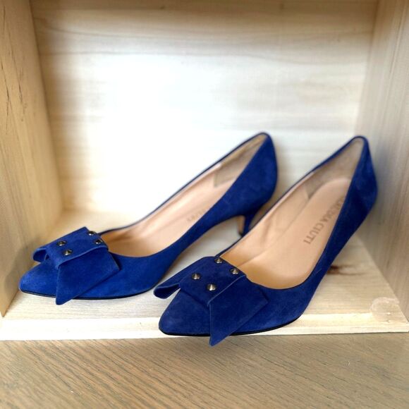 Claudia Ciuti 100% Suede Leather Cobalt Blue Silver Studed Bow Kitten Heels SZ 7 - Picture 6 of 9